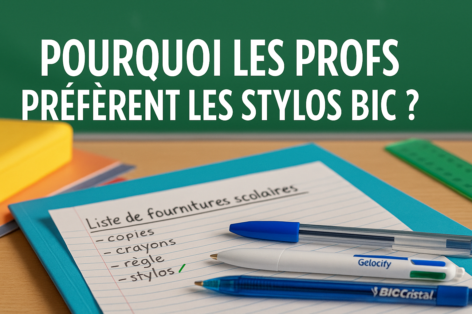Stylos BIC posés sur un cahier d’école près d’une liste scolaire
